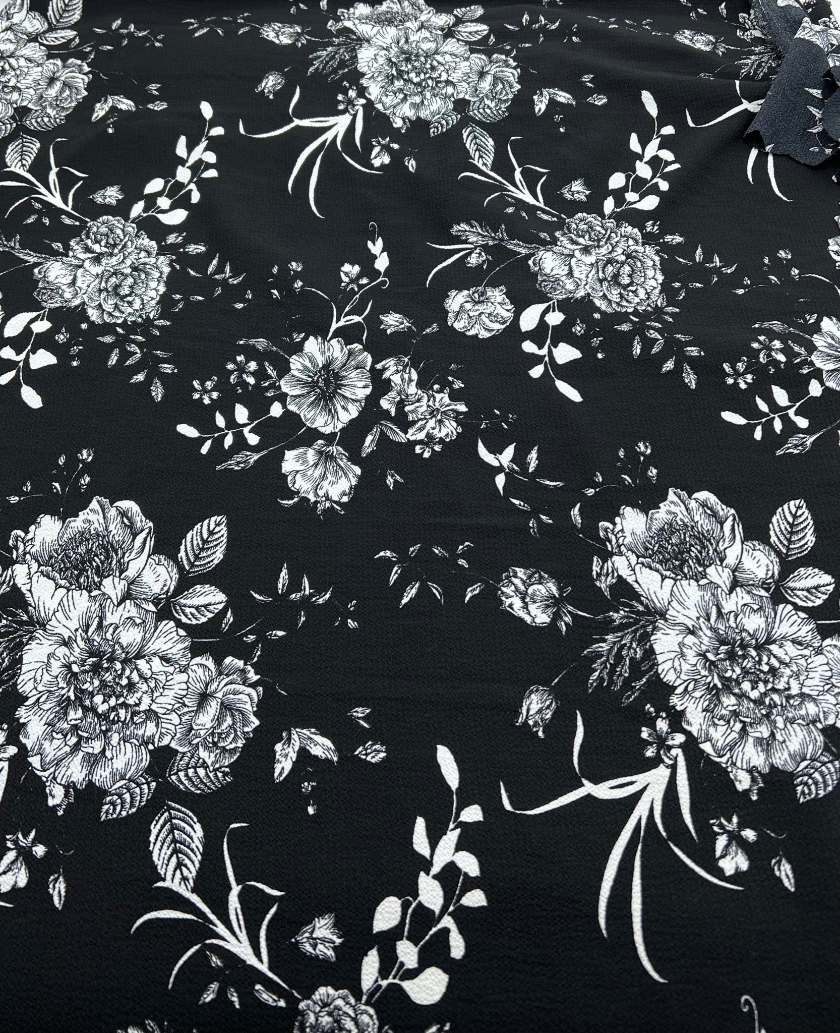 Black White Floral Print Lightweight Bubble Crepe Fabric - T9 Fabrics